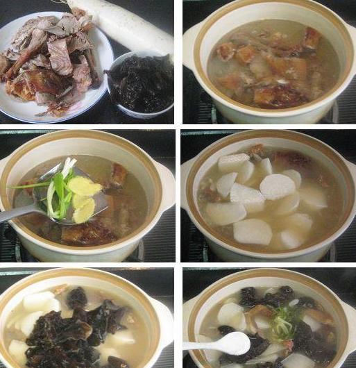 白萝卜黑木耳炖烤鸭架子汤的做法