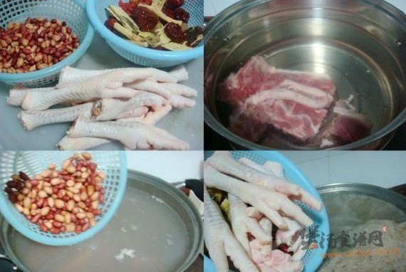 红枣花生鸡脚汤的做法