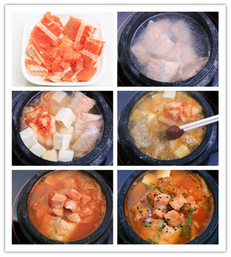 石锅三文鱼豆腐汤的做法